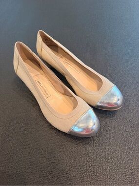 Dana Buchman Beige Canvas Ballet Flats with Metallic Silver Cap Toe